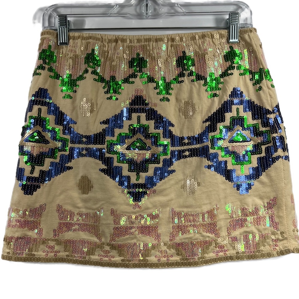 Tribal Aztec Festival Print Sequin Mini Lined Skirt Size Medium - Picture 4 of 9